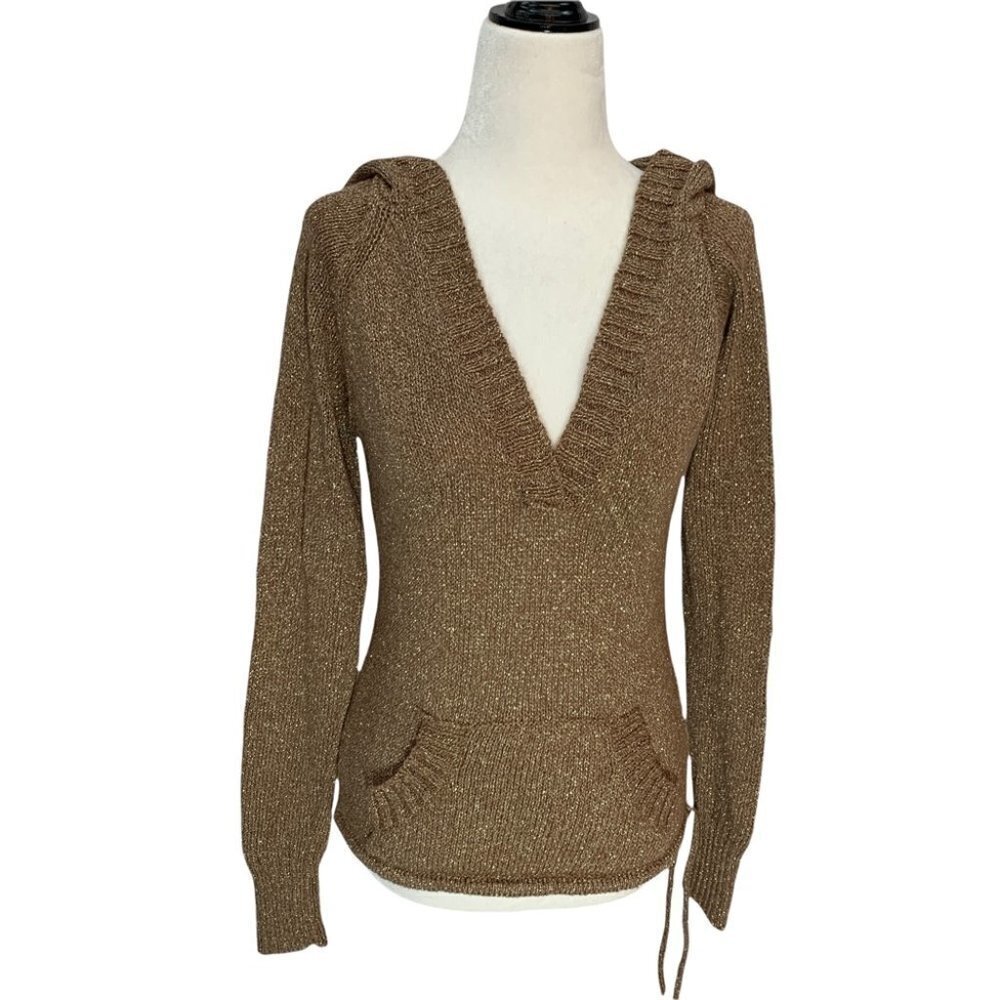 𝅺J.J. Basics⭐️Gold Sparkly Hooded V-Neck Sweater Hoodie Sz S